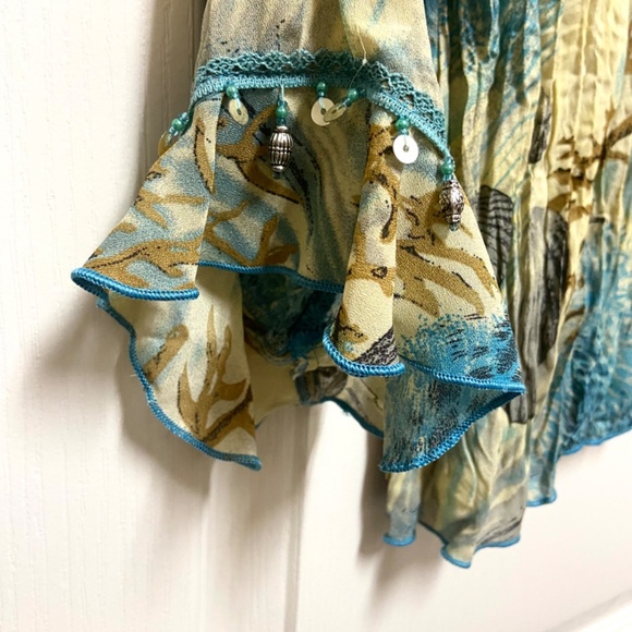 Boho Beaded Floral Top XL Blue Yellow Crinkle Blouse - Picture 8 of 13